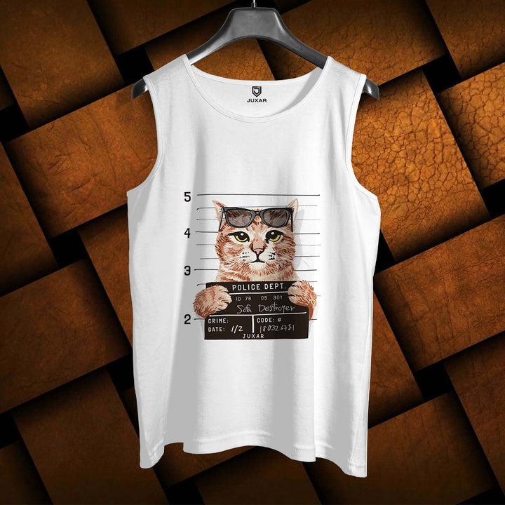 Juxar mens quirky animal print sando white tank top featuring a cool cat mugshot graphic