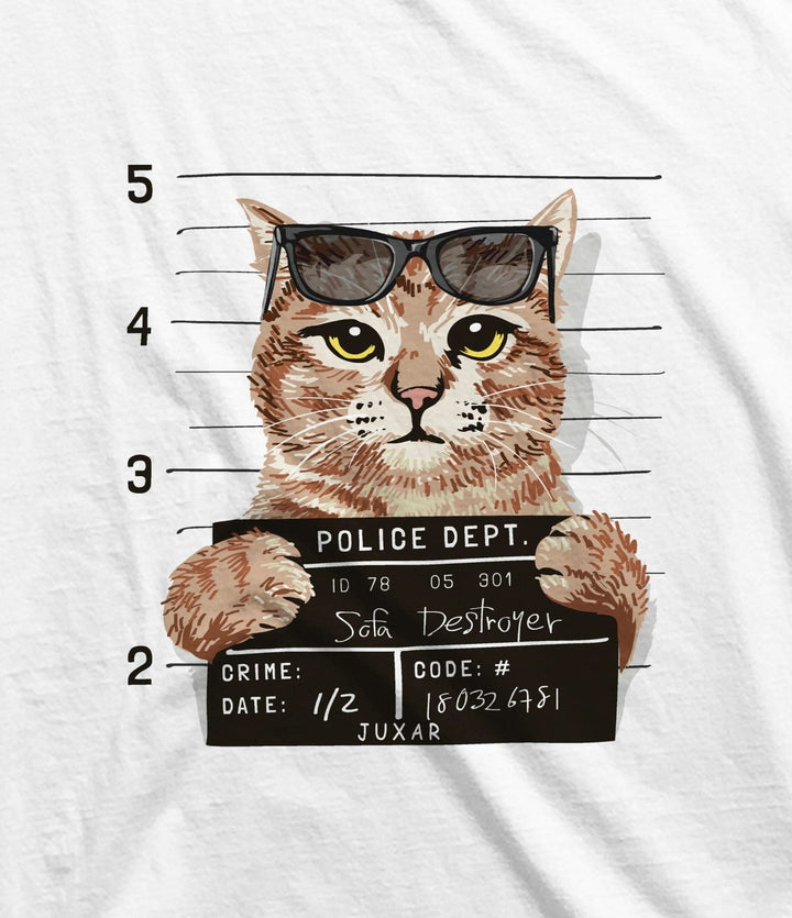 Mens quirky animal print sando featuring a cat wearing sunglasses in a police mugshot style