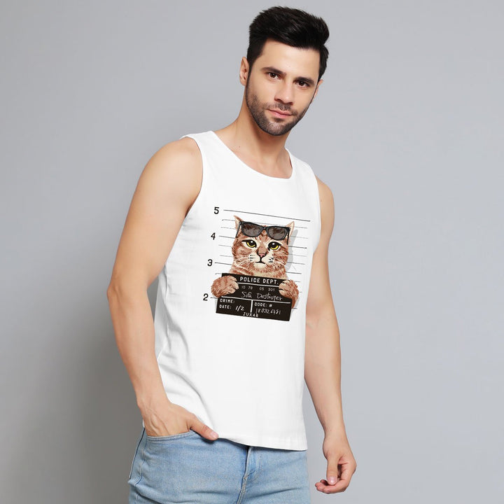 Juxar mens quirky animal print sando featuring a cat mugshot design on white sleeveless shirt