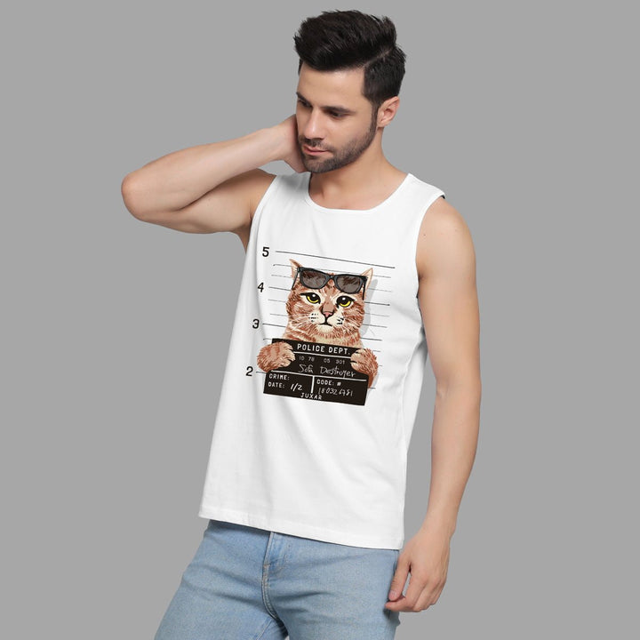 Juxar men's quirky animal print sando featuring a cat mugshot graphic on white sleeveless shirt