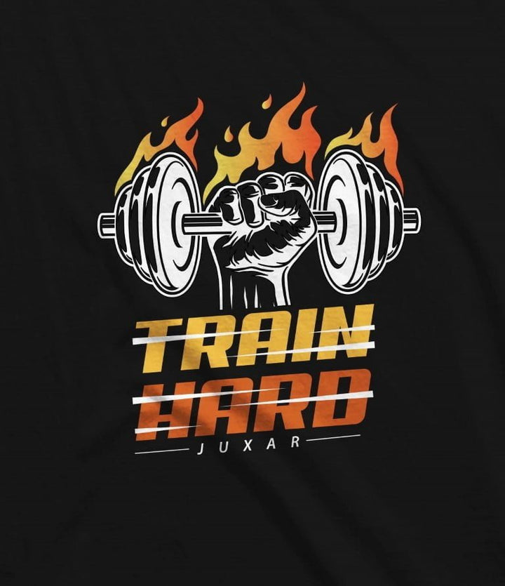 Juxar regular fit cotton t shirt with bold graphic of a fist holding a flaming dumbbell and Train Hard text