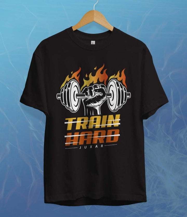 Juxar regular fit cotton t shirt in black with a flaming dumbbell graphic and Train Hard text