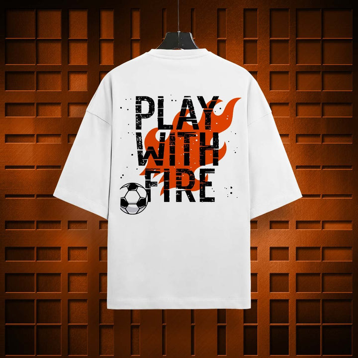 Juxar white oversized relaxed fit t-shirt with Play With Fire text and soccer ball graphic on back