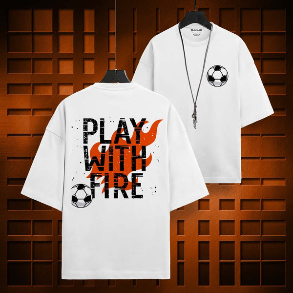 Juxar oversized relaxed fit t-shirt in white with Play With Fire graphic and soccer ball print