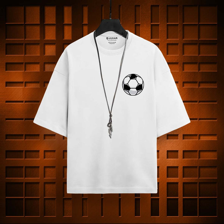 Juxar oversized white relaxed fit t-shirt with black soccer ball graphic on chest