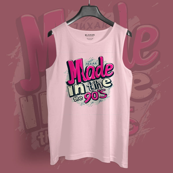Juxar retro graphic sando for men in light pink with colorful 90s themed text design