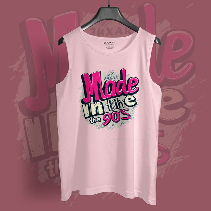Juxar retro graphic sando for men in light pink with colorful 90s themed text design