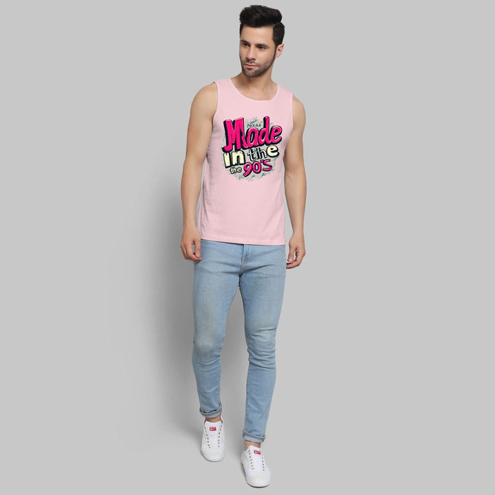 Juxar retro graphic sando for men in light pink with 90s print paired with light blue jeans