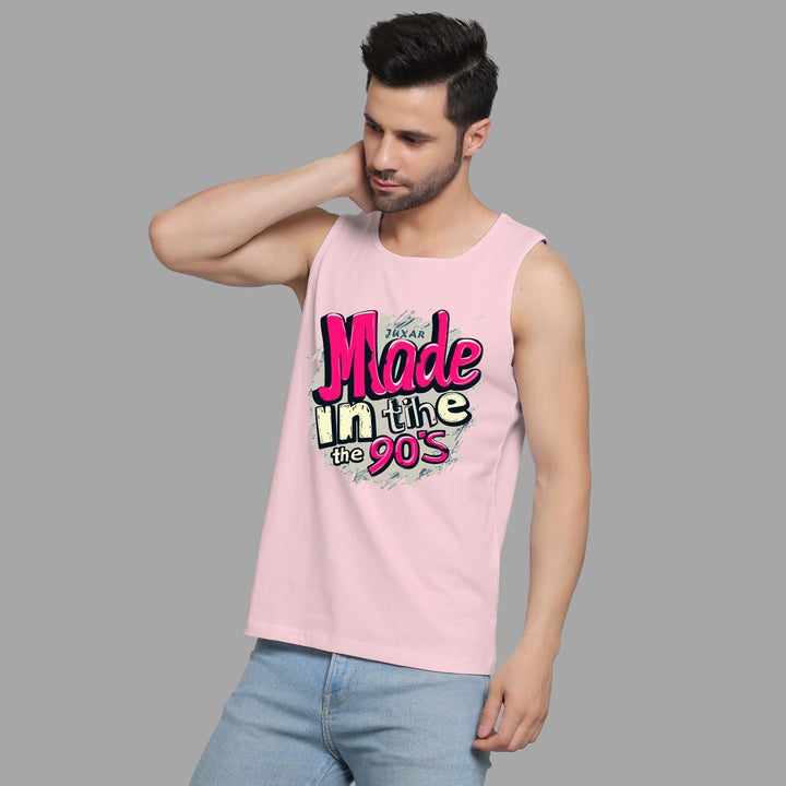Juxar retro graphic sando for men in light pink with 90s inspired print and sleeveless design