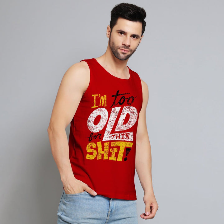 Juxar mens red retro slogan muscle sando with bold graphic text design on front