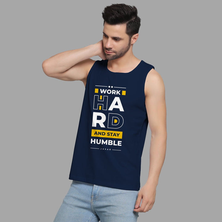 Juxar mens navy ribbed cotton vest with Work Hard and Stay Humble graphic print