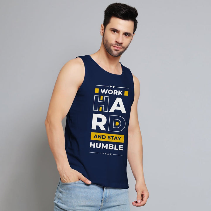 Juxar mens ribbed cotton vest in navy blue with motivational print and casual fit