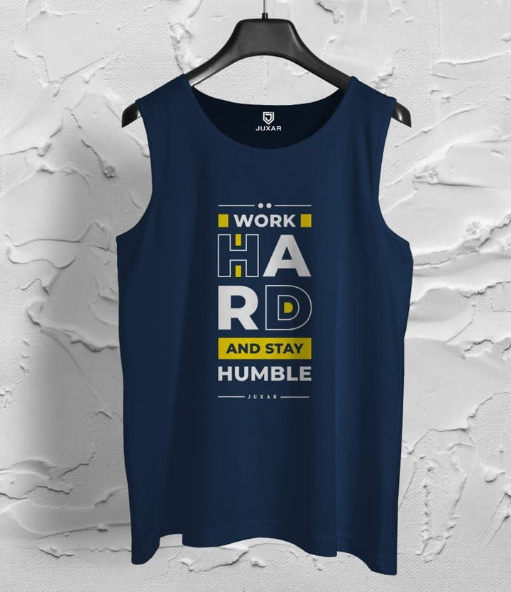 Juxar men's navy ribbed cotton vest with motivational work hard and stay humble print