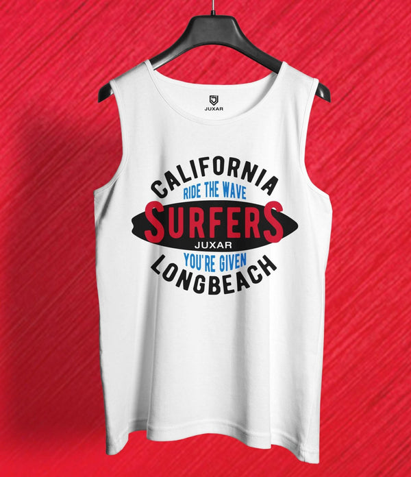 Juxar mens white ride the wave muscle tee with California surfers graphic print on front