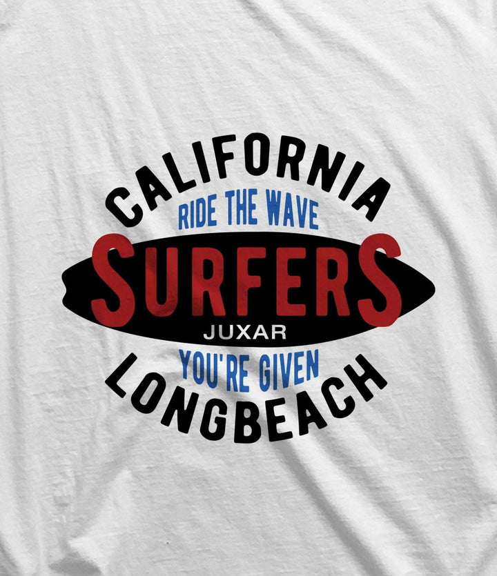 Juxar men's white ride the wave muscle tee with California surfers Longbeach graphic
