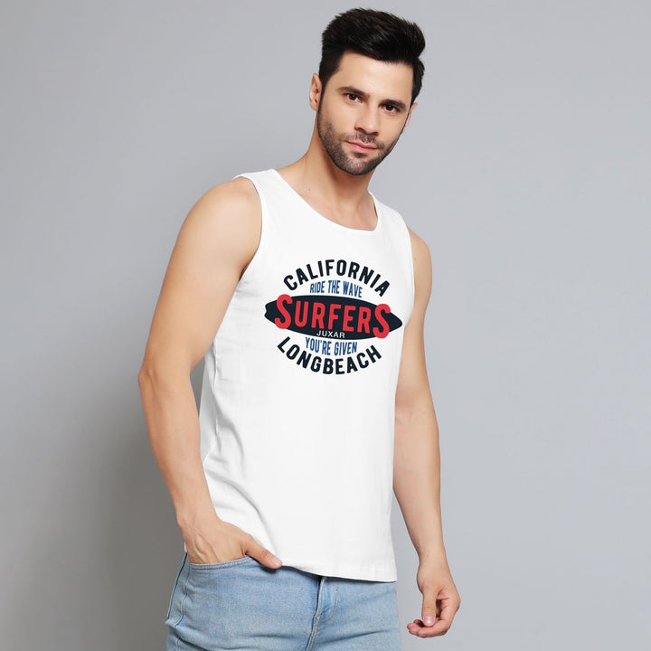 Juxar mens ride the wave muscle tee white sleeveless shirt with surfer graphic print