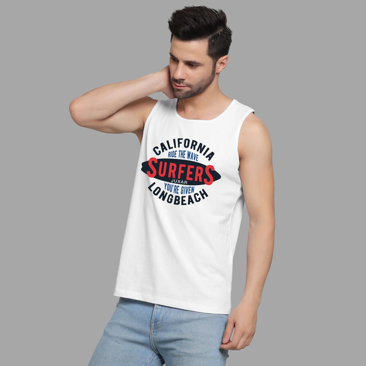 Juxar mens white ride the wave muscle tee with California surfers graphic and light blue jeans