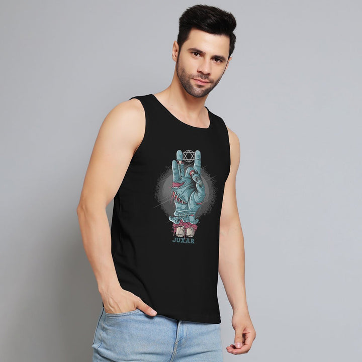 Juxar mens black rock hand sign sando with graphic hand design and casual denim jeans