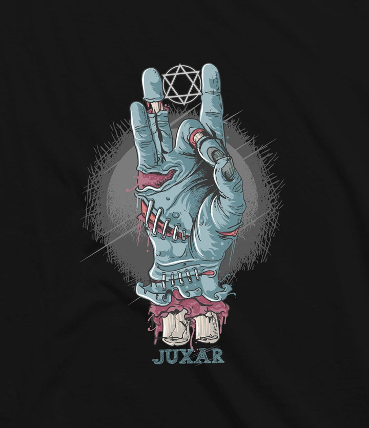 Juxar mens black shirt with zombie hand making rock hand sign sando graphic design