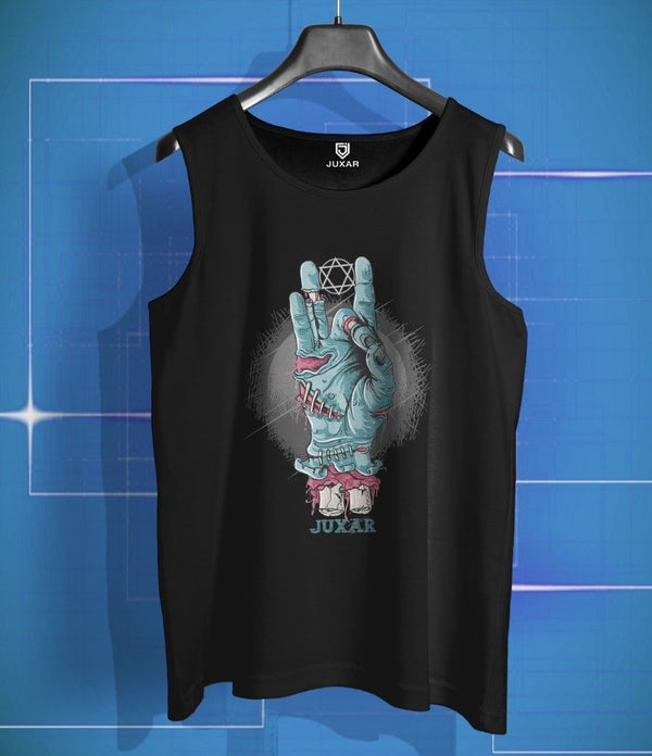 Juxar mens black sleeveless rock hand sign sando with zombie hand graphic print