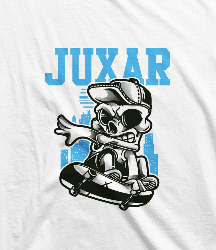 Juxar white cotton longline tee with blue JUXAR text and black cartoon skull on skateboard round neck cotton longline t shirt