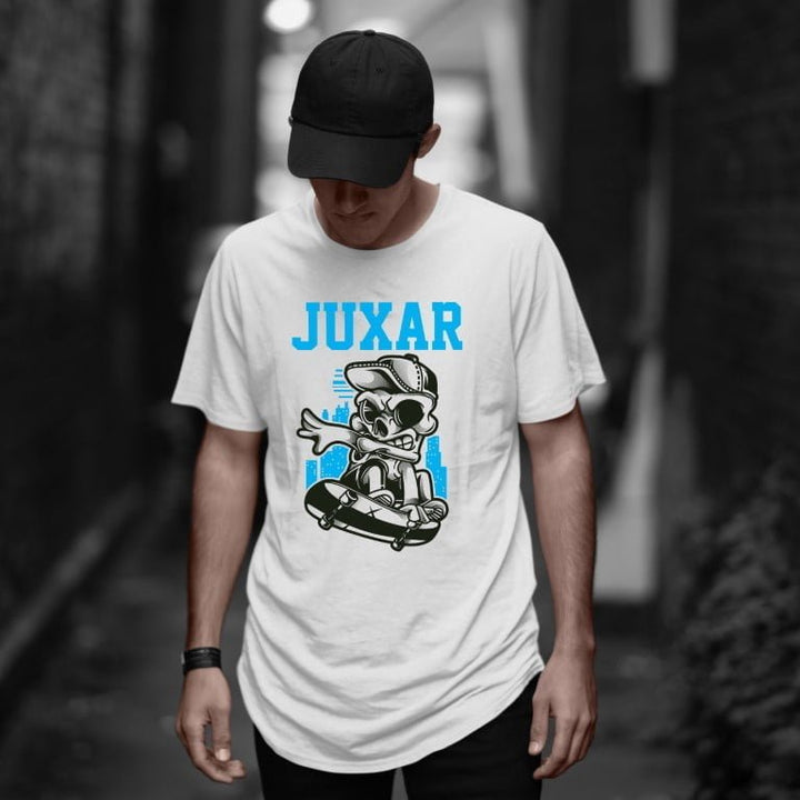 Juxar white round neck cotton longline t shirt with skateboard graphic worn by male model in black cap