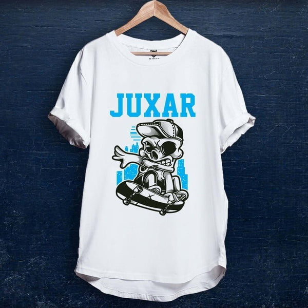 Juxar white round neck cotton longline t shirt with blue JUXAR text and skateboarding skull graphic on hanger