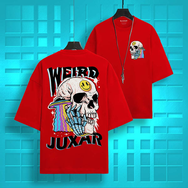 Juxar red round neck oversized t-shirt with colorful skull graphic and weird text design