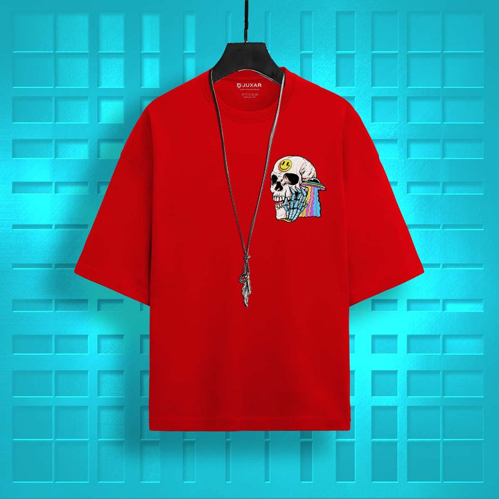 Juxar red round neck oversized t-shirt with skull graphic and hanging necklace