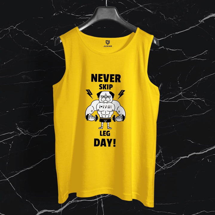 Juxar mens yellow round neck sando with Never Skip Leg Day graphic print sleeveless tank