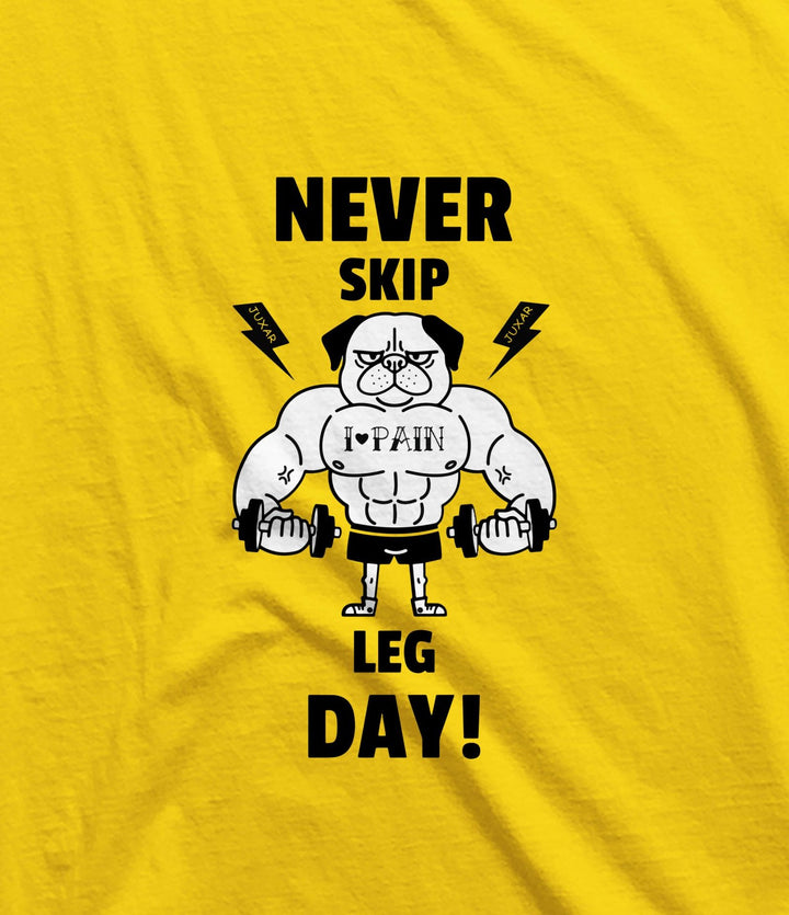 Juxar men's yellow round neck sando with cartoon muscular dog and never skip leg day design