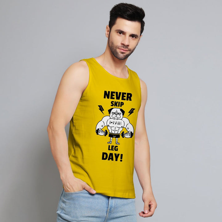 Juxar mens yellow round neck sando with never skip leg day graphic design