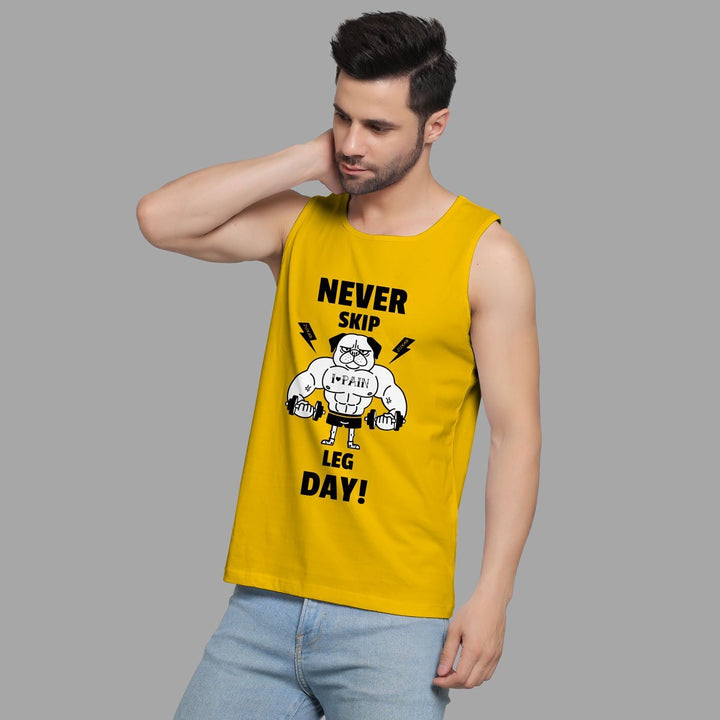 Juxar men's yellow round neck sando with never skip leg day graphic print