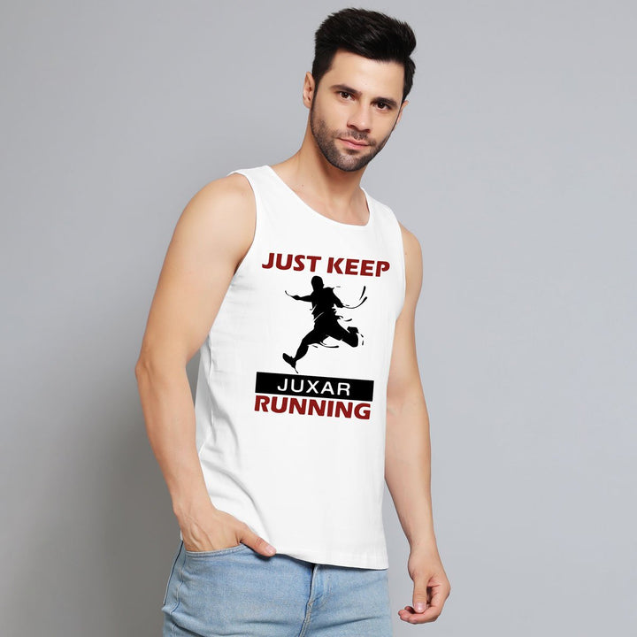 Juxar mens white run away sando with Just Keep Running graphic print
