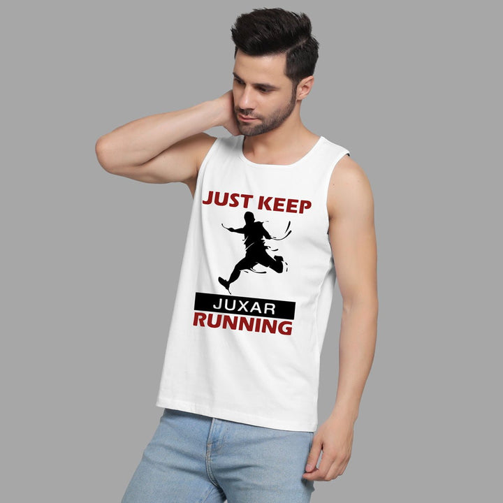 Juxar men's white run away sando tank top with just keep running graphic design