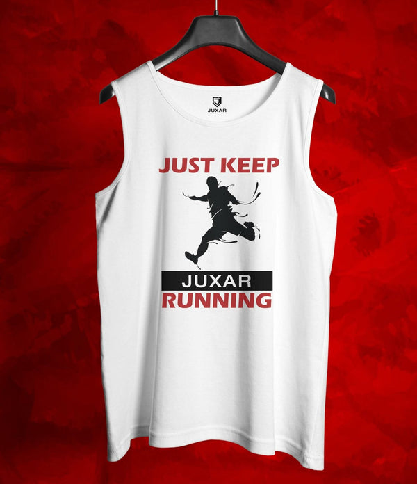 Juxar mens run away sando in white with Just Keep Running graphic and silhouette design