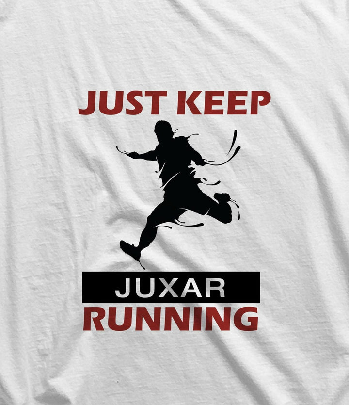 Juxar mens run away sando white shirt with Just Keep Running text and running silhouette design