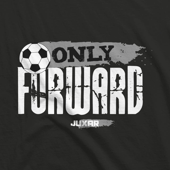 Juxar mens black running hoodie with white text and soccer ball graphic saying Only Forward
