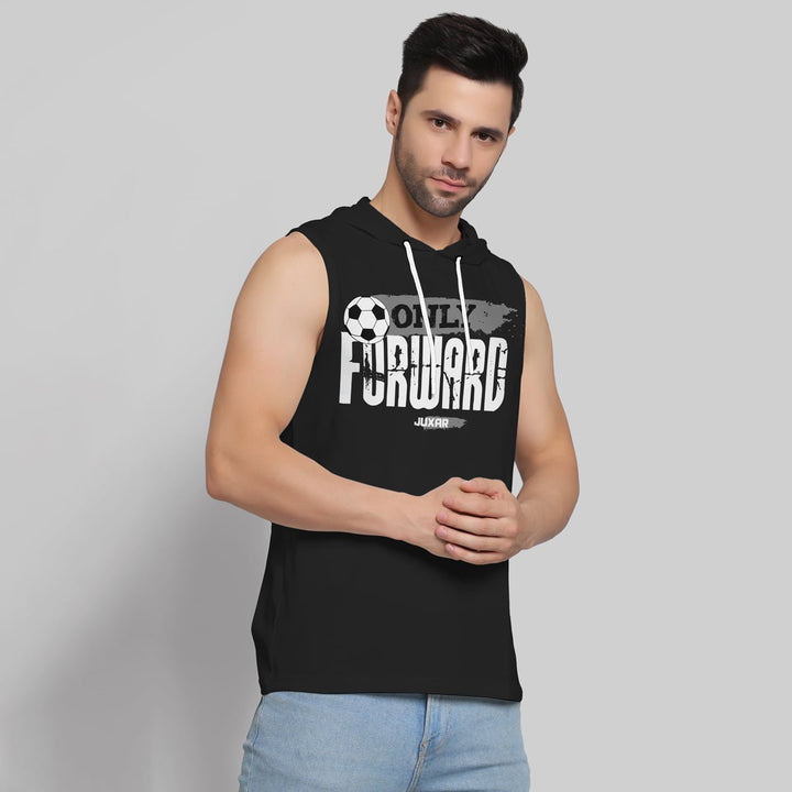 Juxar men's black sleeveless running hoodie with soccer graphic and forward text