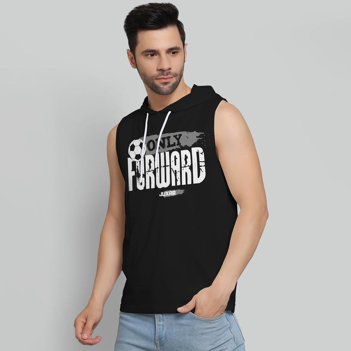 Juxar men's black sleeveless running hoodie with Only Forward graphic and white drawstrings