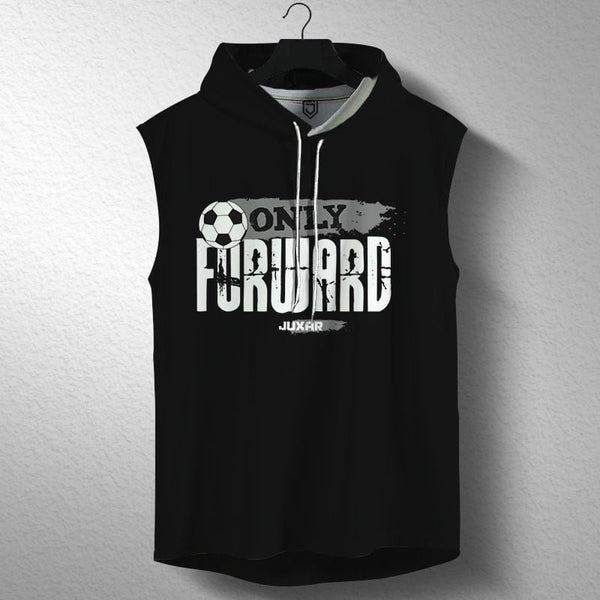 Juxar men's black sleeveless running hoodie with Only Forward soccer graphic and front drawstrings