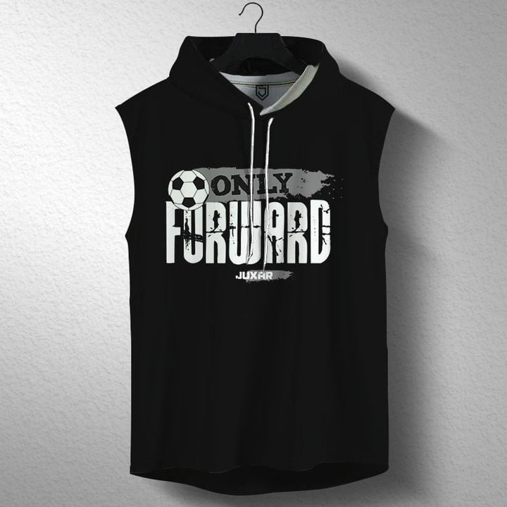 Juxar men's black sleeveless running hoodie with Only Forward soccer graphic and front drawstrings