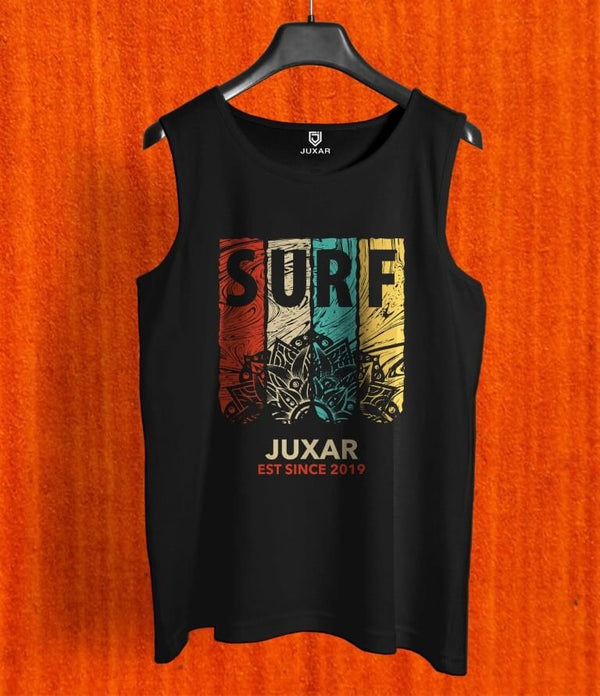 Juxar black men's sando for daily wear with colorful surf graphic design