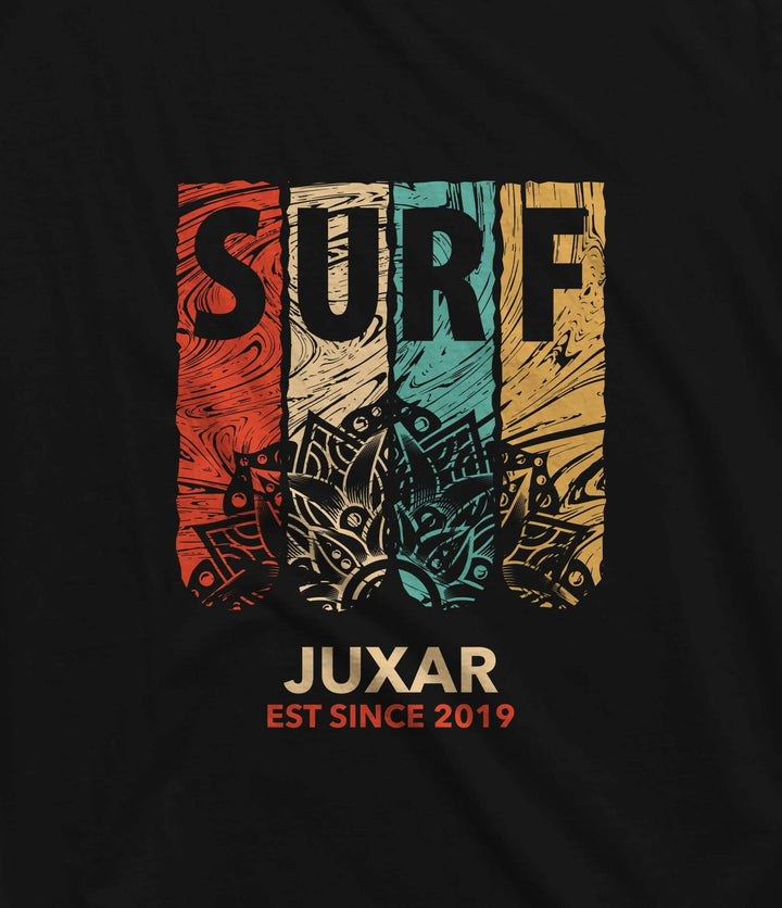 Juxar men's black sando for daily wear with colorful surf graphic and mandala design