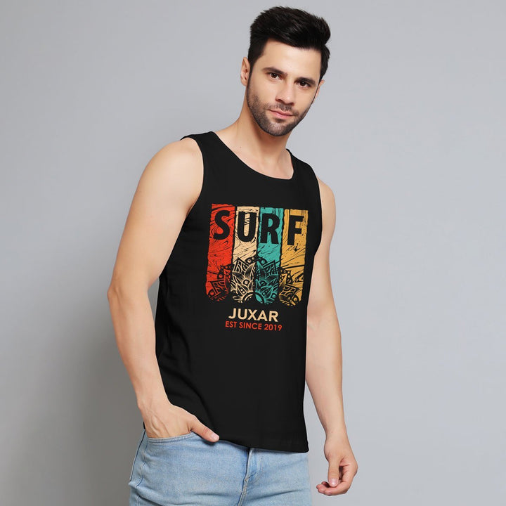 Juxar men's black printed sando for daily wear with colorful surf design and sleeveless style