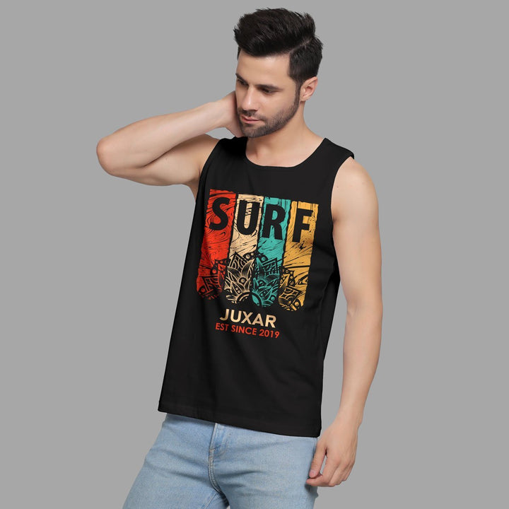 Juxar black sleeveless sando for daily wear with colorful surf print design for men