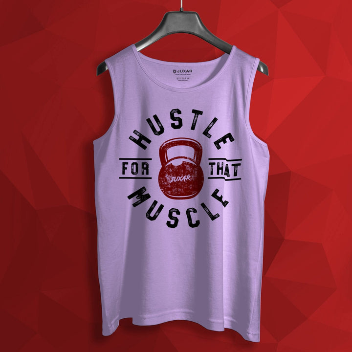 Juxar men's lavender sleeveless sando for gym with Hustle For That Muscle kettlebell graphic