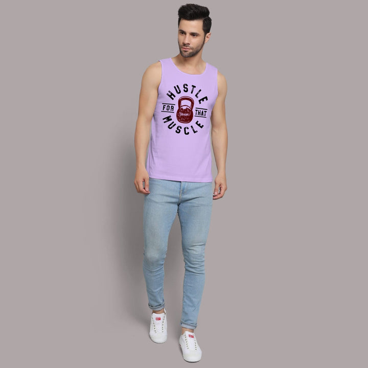 Juxar men's lavender sando for gym with Hustle for Muscle graphic sleeveless tank top