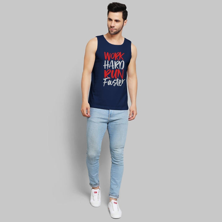 Juxar navy blue sando for lean body with work hard run faster text worn by man in light jeans
