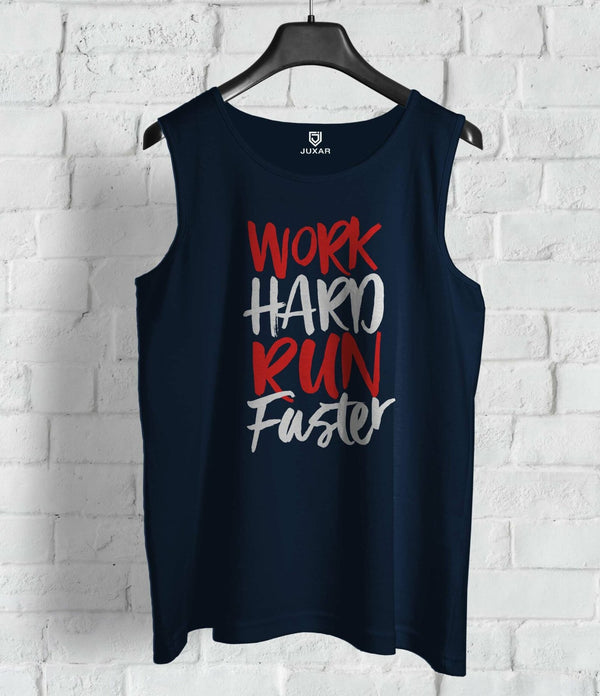 Juxar men's navy blue sando for lean body with work hard run faster motivational text